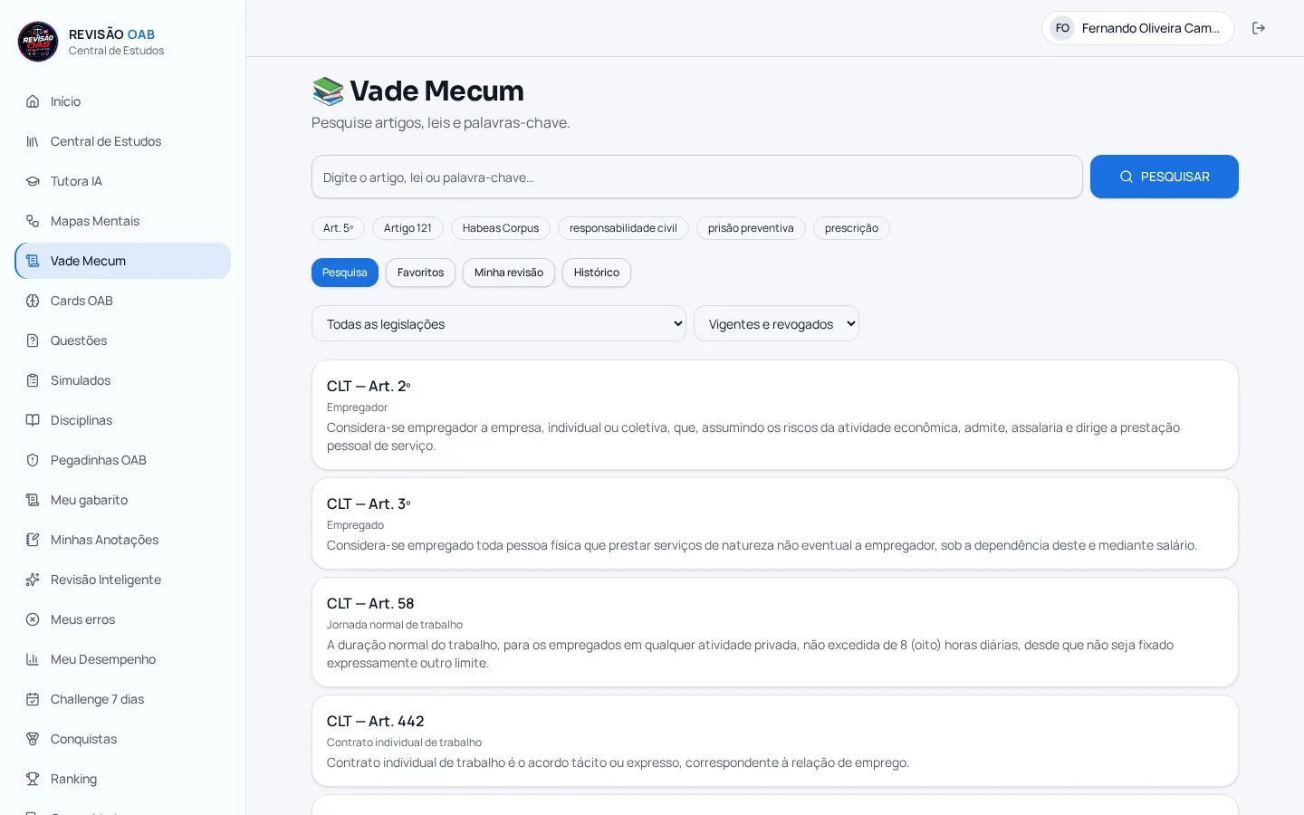 Tela do Vade Mecum da Revisão OAB