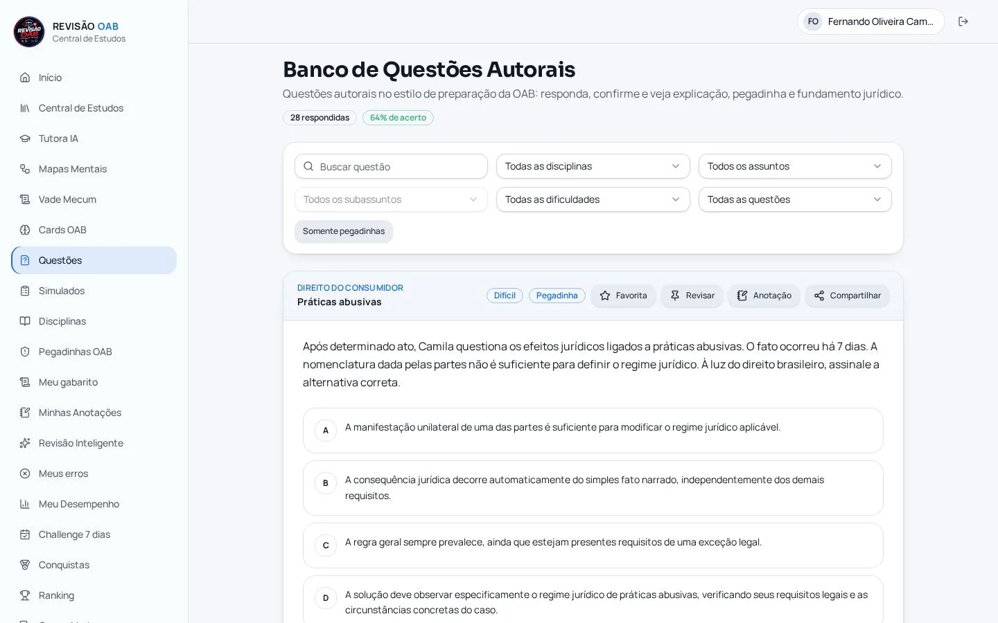 Tela de questões OAB da plataforma Revisão OAB