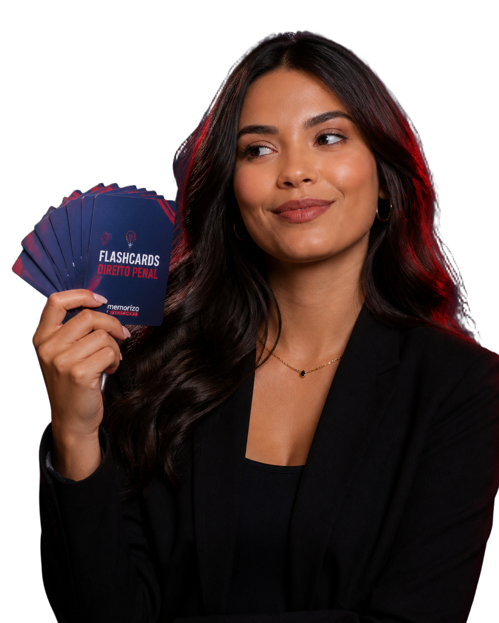 Estudante segurando os flashcards da Revisão OAB, com o aplicativo de simulados incluso