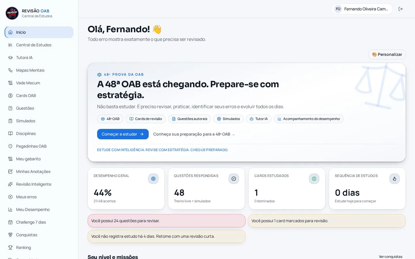 Dashboard da plataforma Revisão OAB