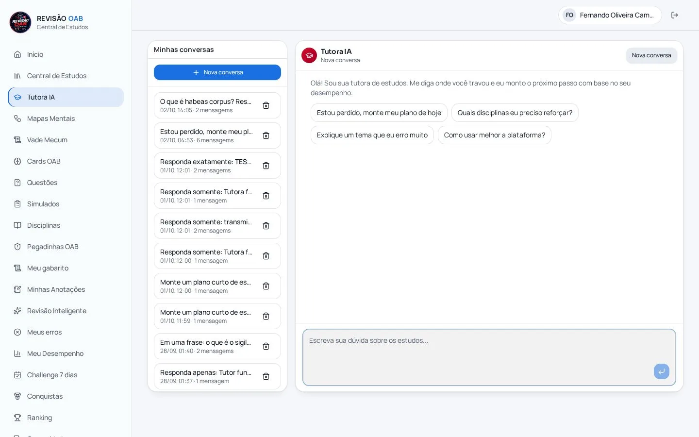 Tutor IA da plataforma Revisão OAB
