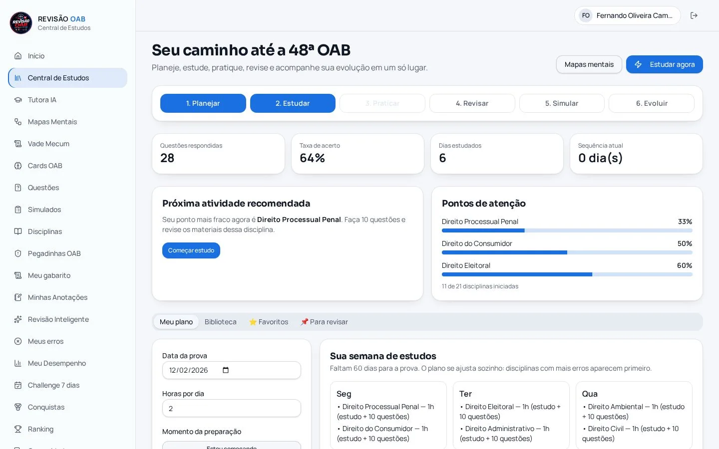 Central de Estudos da plataforma Revisão OAB