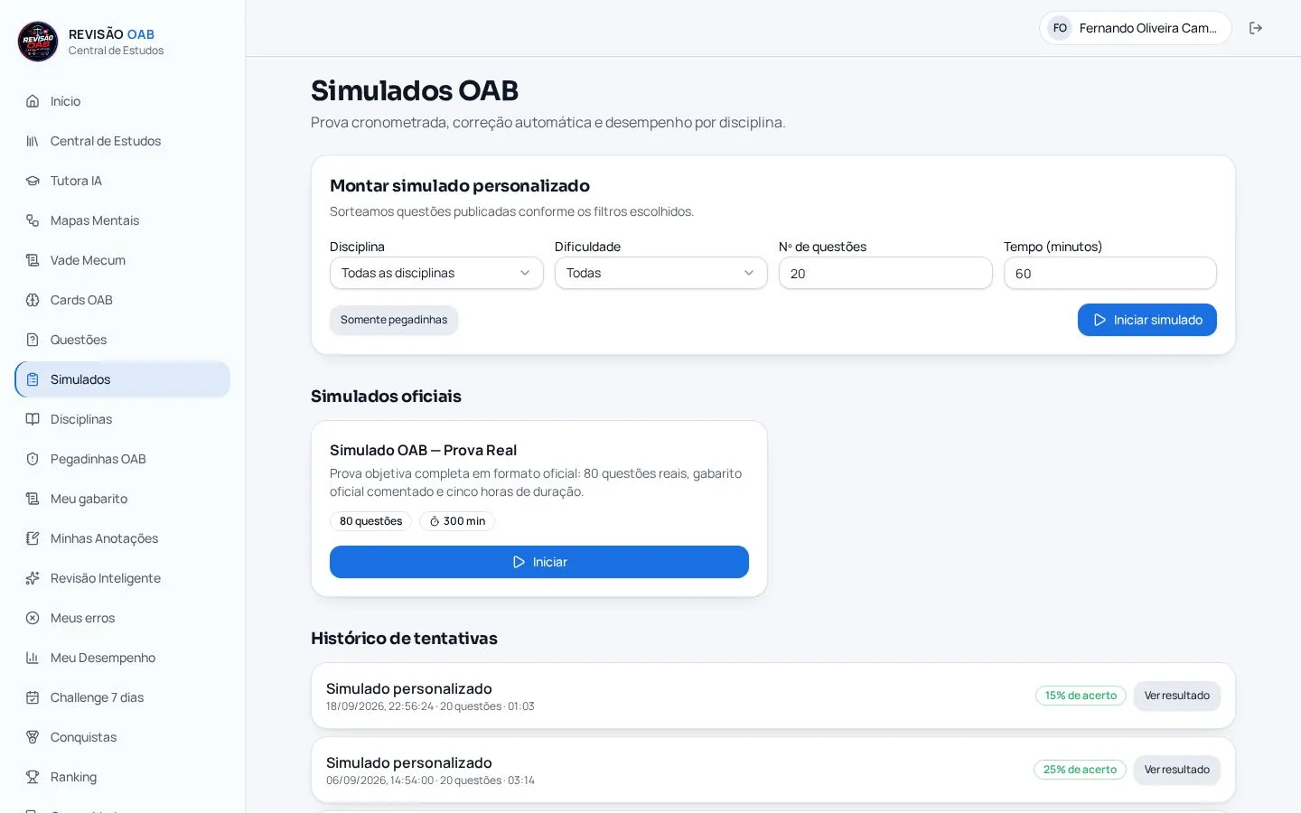 Tela de simulados OAB da plataforma Revisão OAB