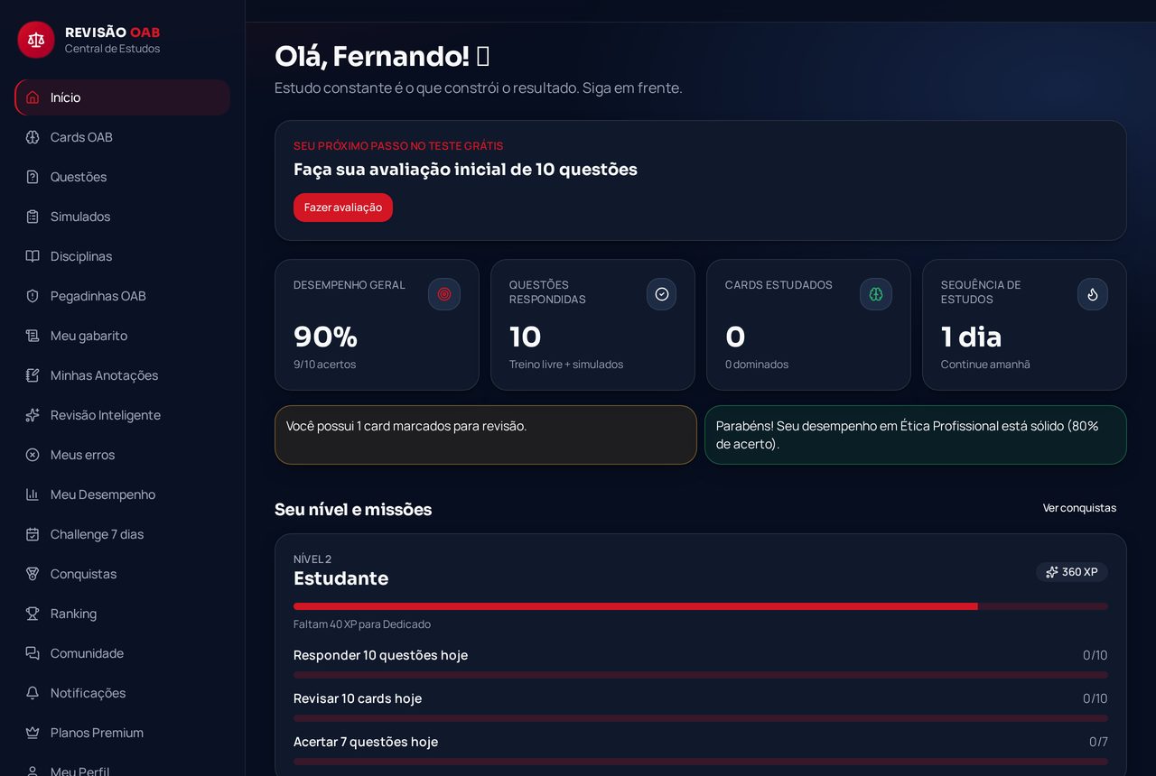 Tela real da plataforma: Seu painel de estudos